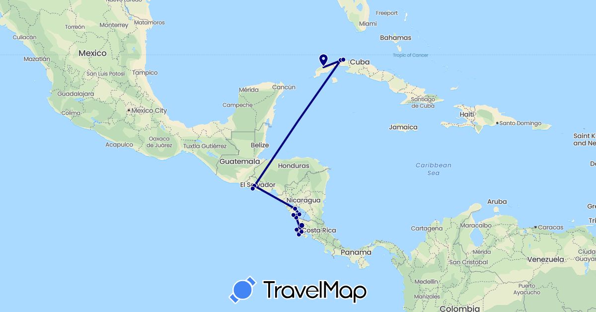 TravelMap itinerary: driving in Costa Rica, Cuba, Nicaragua, El Salvador (North America)